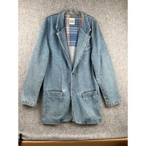 INTERNATIONAL MALE Vintage Denim Blazer Jacket Mens XL Blue Plaid Lined Casual
